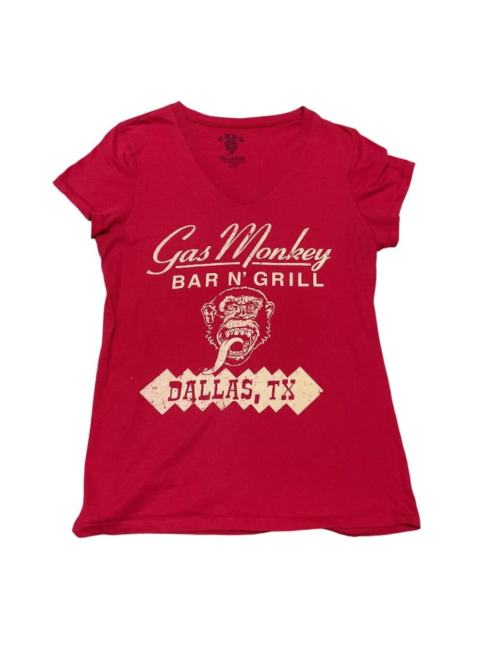Gas Monkey Bar N Grill 2XL Red Dallas TX Graphic V-Neck T-Shirt Womens